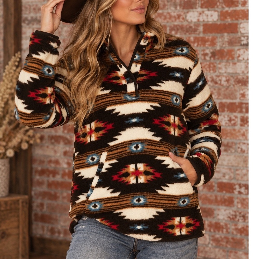 Wrangler Southwestern Sherpa Fleece Pullover L Western Aztec Boho Fall Tribal